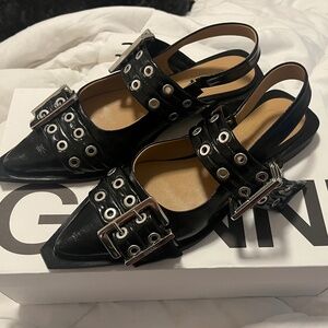 Ganni Black Patent Leather Buckle Slingback Flats